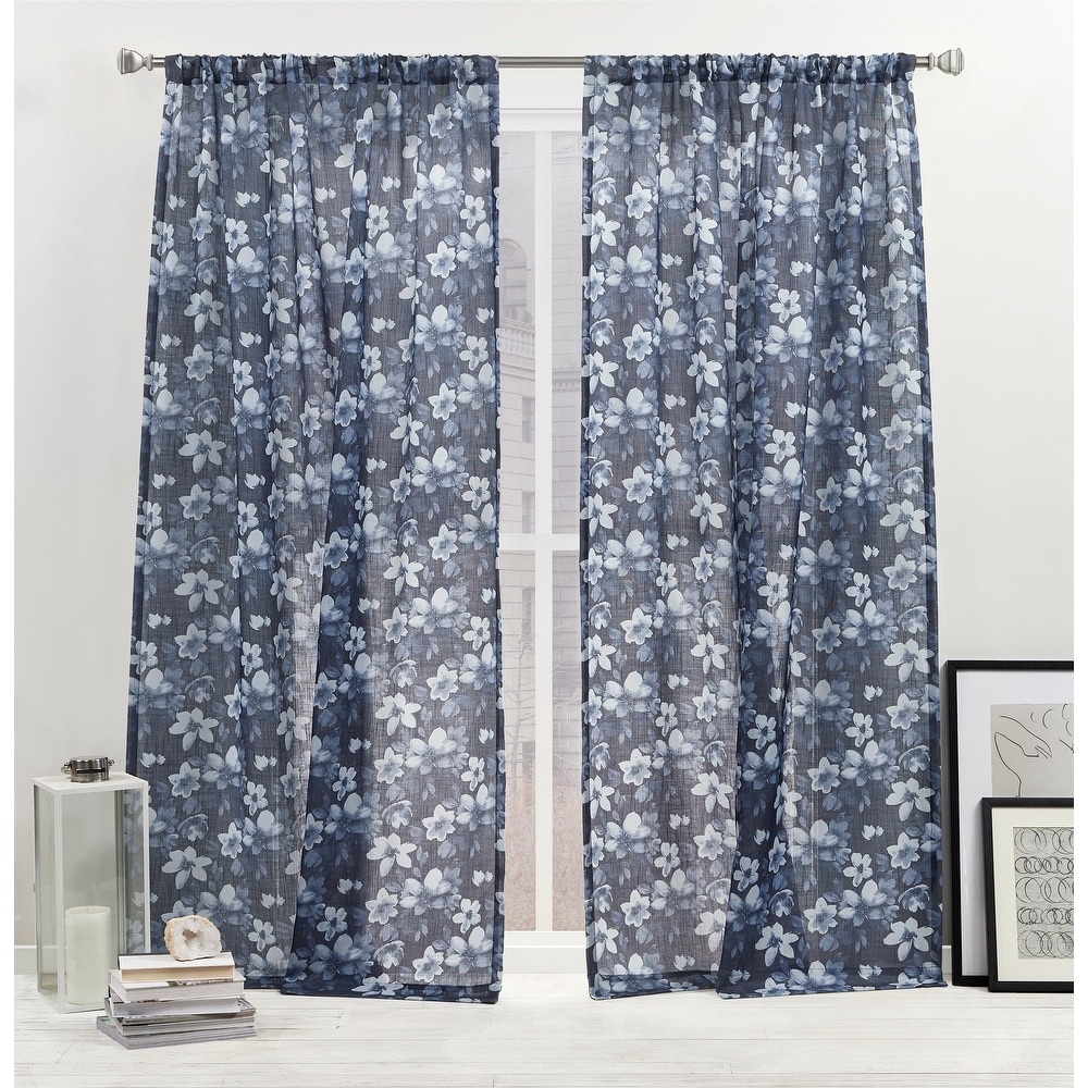 Nicole Miller NY 2pc SemiSheer Floral Indigo Curtain Set (54”Wx63”L & 54”Wx84”L)